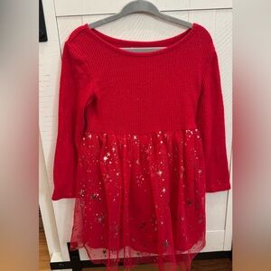 Jumping Beans Red Long Sleeve Ribbed Stretchy Dress with Starry Tulle Skirt